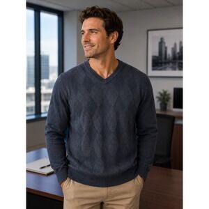 FOLIO Men's Silk Cashmere Medium Blue Gray‎ Sweater Geometric Print -2041